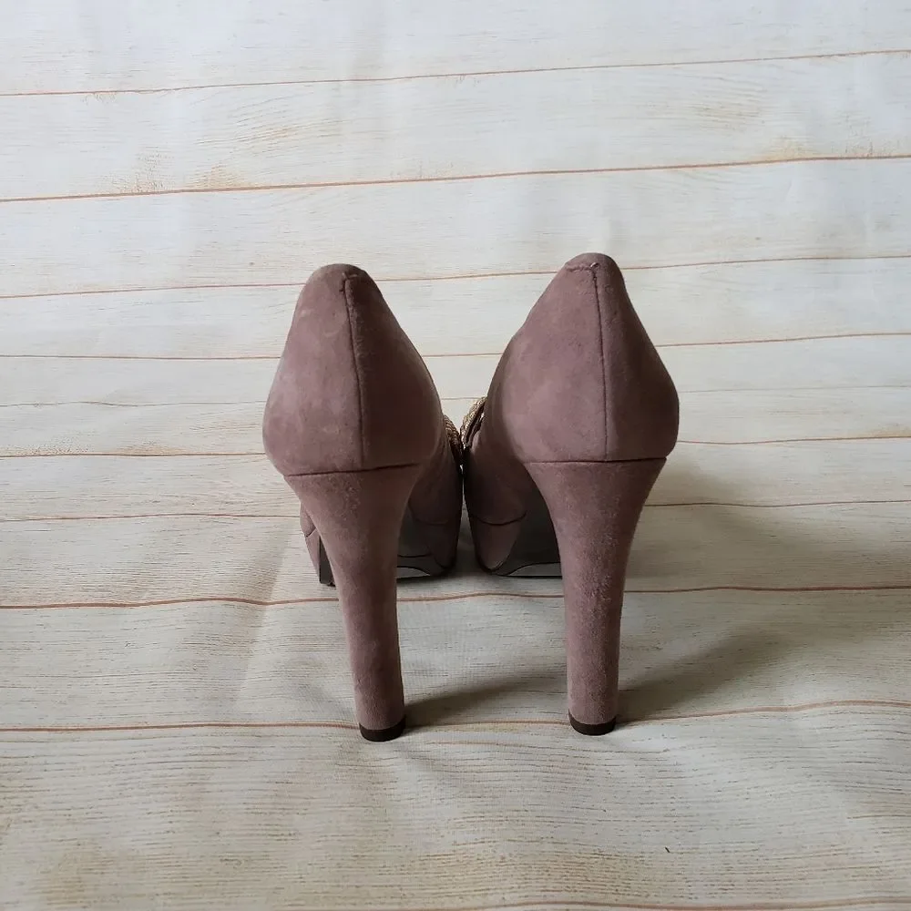 Nine West Memorie Suede Leather Round Toe Bow Platform Heels Pink Size 7 1/2M
